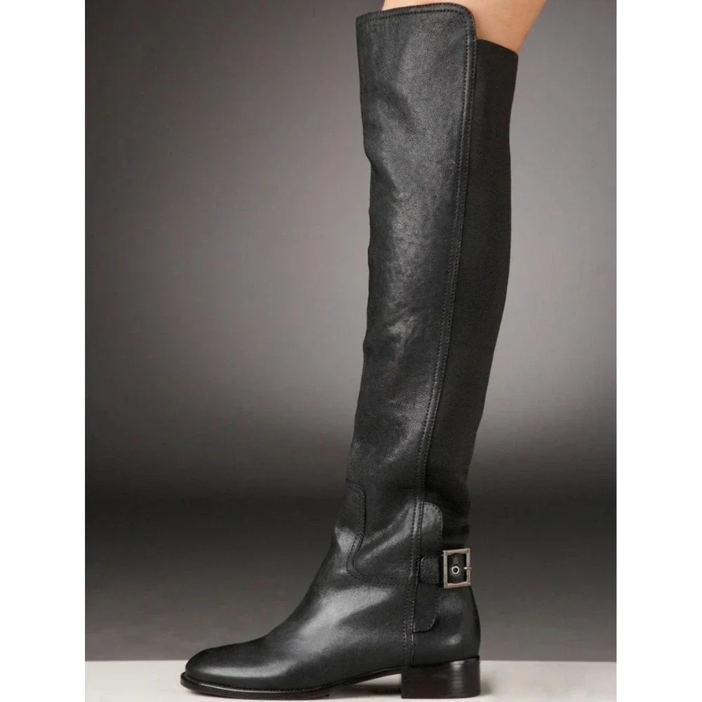 Tory‎ Burch Black Leather Over The Knee Stretch Back Buckle Boots Low Heel